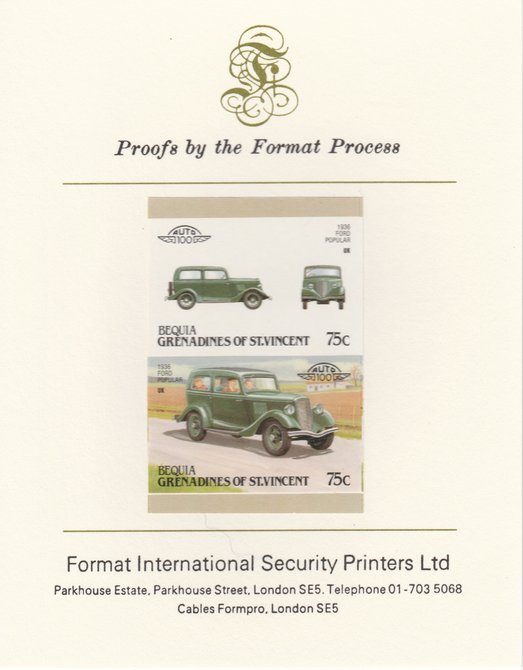 St Vincent - Bequia 1987 Cars #7 (Leaders of the World) 75c (1936 Ford Popular) imperf se-tenant pair mounted on Format International proof card, stamps on , stamps on  stamps on cars