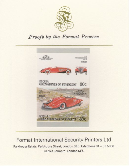St Vincent - Bequia 1987 Cars #7 (Leaders of the World) 80c (1936 Mercedes Benz) imperf se-tenant pair mounted on Format International proof card, stamps on cars