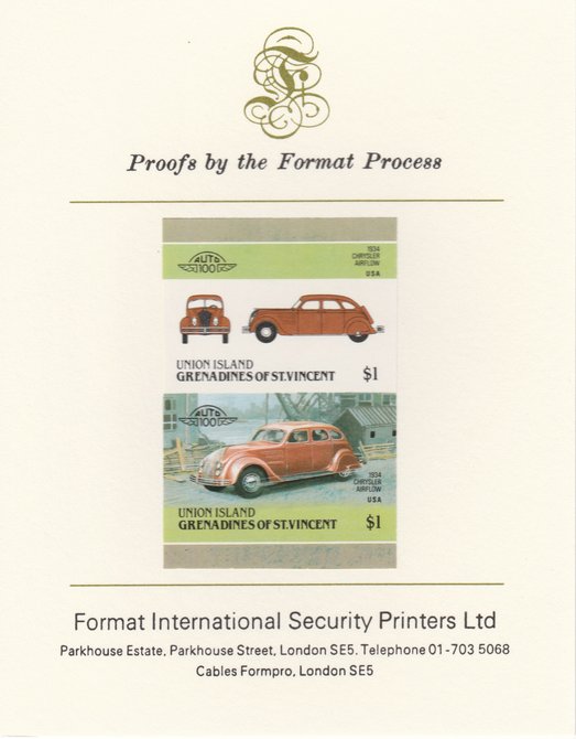 St Vincent - Union Island 1986 Cars #4 (Leaders of the World) $1 (1934 Chrysler) imperf se-tenant pair mounted on Format International proof card, stamps on cars
