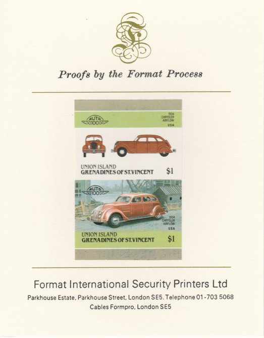 St Vincent - Union Island 1986 Cars #4 (Leaders of the World) $1 (1934 Chrysler) imperf se-tenant pair mounted on Format International proof card, stamps on , stamps on  stamps on cars