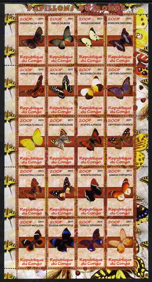 Congo 2011 Butterflies of the World #2 perf sheetlet containing 20 values unmounted mint, stamps on , stamps on  stamps on butterflies