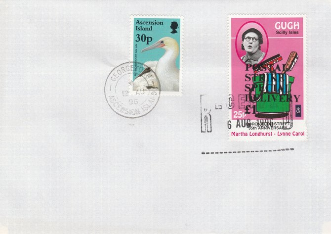 Great Britain 1996 Postal Strike cover to Ascension bearing Gugh 25p (Great Britain local) opt'd 'Postal Strike Special Delivery \A31' cancelled 6 Aug plus Ascension 25p Red-footed Booby cancelled 12 Aug, stamps on strike, stamps on birds