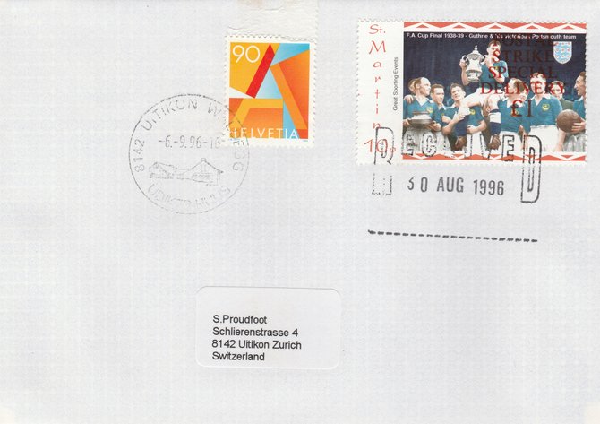 Great Britain 1996 Postal Strike cover to Switzerland bearing St Martin 10p (Great Britain local) opt'd 'Postal Strike Special Delivery A31' cancelled 30 Aug plus Swiss 90c  adhesive cancelled 6 September, stamps on , stamps on  stamps on strike