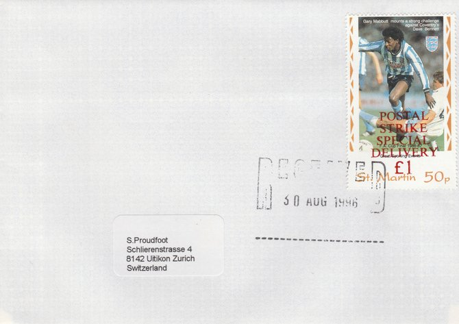 Great Britain 1996 Postal Strike cover to Switzerland bearing St Martin 50p (Great Britain local) opt'd 'Postal Strike Special Delivery A31' cancelled 30 Aug , stamps on , stamps on  stamps on strike