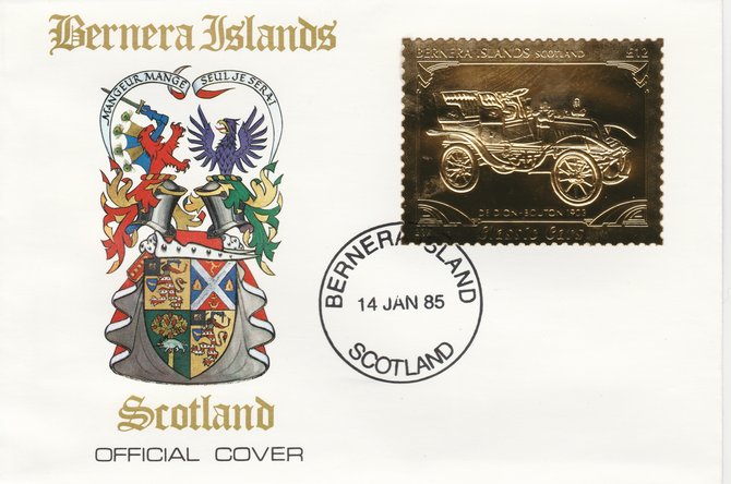 Bernera 1985 Classic Cars - 1903 De Dion Bouton \A312 value perforated & embossed in 22 carat gold foil on special cover with first day cancel, stamps on cars    de dion