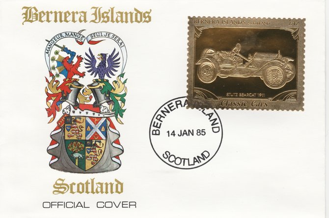 Bernera 1985 Classic Cars - 1911 Stutz Bearcat \A312 value perforated & embossed in 22 carat gold foil on special cover with first day cancel, stamps on cars    stutz