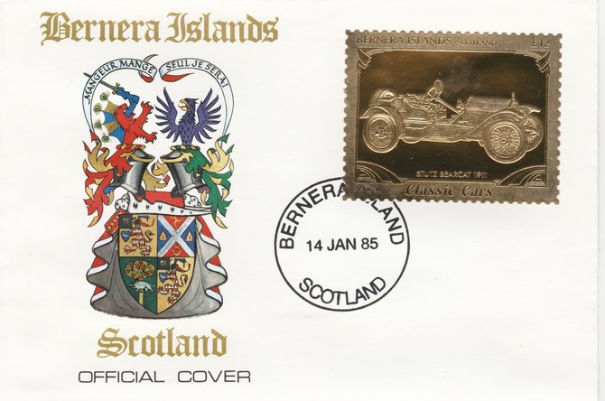 Bernera 1985 Classic Cars - 1911 Stutz Bearcat A312 value perforated & embossed in 22 carat gold foil on special cover with first day cancel, stamps on , stamps on  stamps on cars    stutz