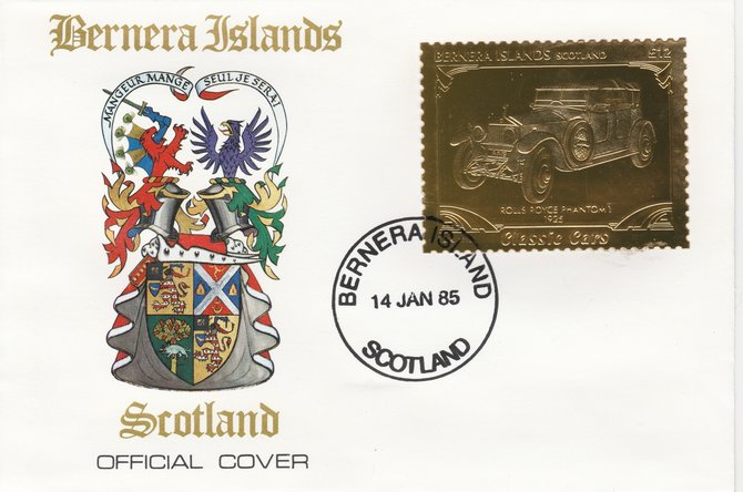 Bernera 1985 Classic Cars - 1925 Rolls Royce Phantom A312 value perforated & embossed in 22 carat gold foil on special cover with first day cancel, stamps on , stamps on  stamps on cars    rolls royce