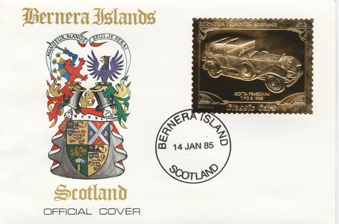 Bernera 1985 Classic Cars - 1928 Isotta Fraschini \A312 value perforated & embossed in 22 carat gold foil on special cover with first day cancel, stamps on cars    isotta, stamps on 