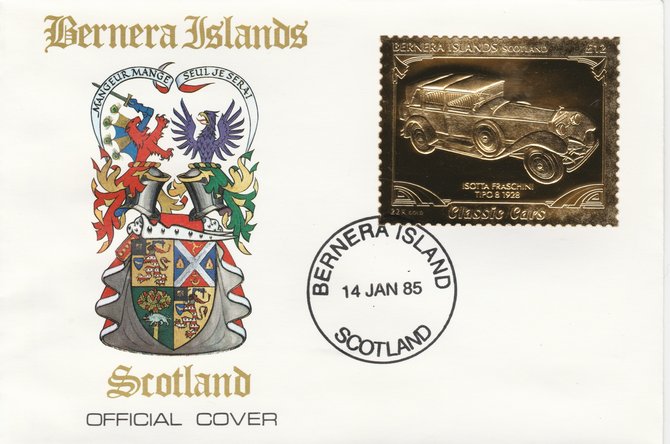 Bernera 1985 Classic Cars - 1928 Isotta Fraschini A312 value perforated & embossed in 22 carat gold foil on special cover with first day cancel, stamps on , stamps on  stamps on cars    isotta, stamps on  stamps on 