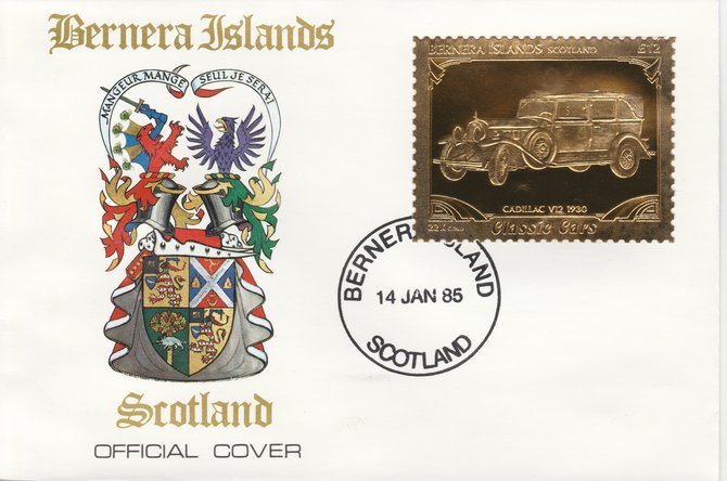 Bernera 1985 Classic Cars - 1930 Cadillac V12 £12 value perforated & embossed in 22 carat gold foil on special cover with first day cancel, stamps on cars    cadillac
