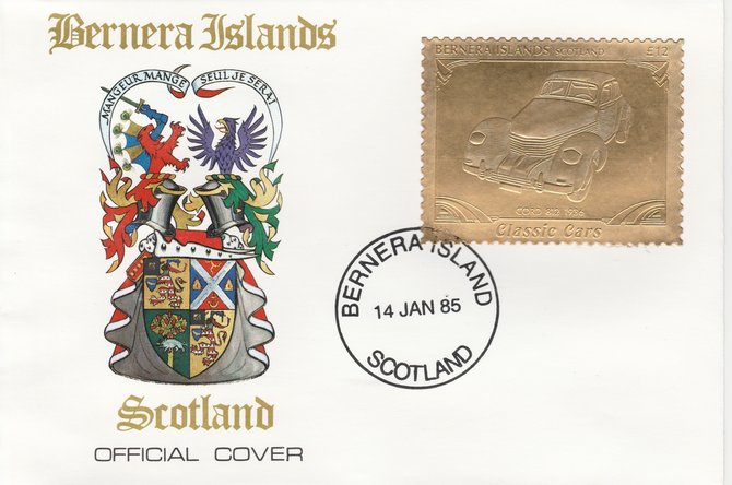 Bernera 1985 Classic Cars - 1936 Cord \A312 value perforated & embossed in 22 carat gold foil on special cover with first day cancel, stamps on cars    cord