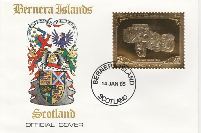 Bernera 1985 Classic Cars - 1936 Jaguar SS \A312 value perforated & embossed in 22 carat gold foil on special cover with first day cancel, stamps on cars    jaguar