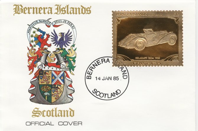 Bernera 1985 Classic Cars - 1938 Delahaye 12 value perforated & embossed in 22 carat gold foil on special cover with first day cancel, stamps on , stamps on  stamps on cars    delahaye