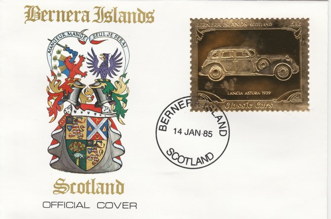 Bernera 1985 Classic Cars - 1939 Lancia Astura \A312 value perforated & embossed in 22 carat gold foil on special cover with first day cancel, stamps on cars    lancia