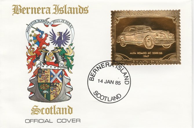 Bernera 1985 Classic Cars - 1947 Alfa Romeo A312 value perforated & embossed in 22 carat gold foil on special cover with first day cancel, stamps on , stamps on  stamps on cars    alfa romeo