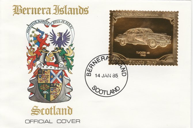 Bernera 1985 Classic Cars - 1948 Tucker \A312 value perforated & embossed in 22 carat gold foil on special cover with first day cancel, stamps on cars    tucker