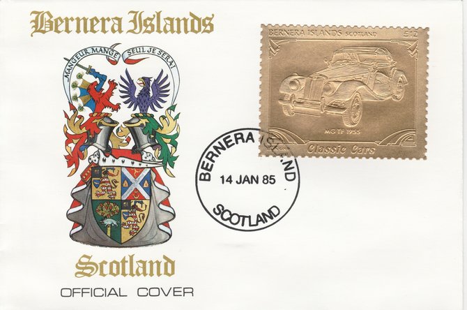 Bernera 1985 Classic Cars - 1955 MG TF £12 value perforated & embossed in 22 carat gold foil on special cover with first day cancel, stamps on cars, stamps on  mg , stamps on 