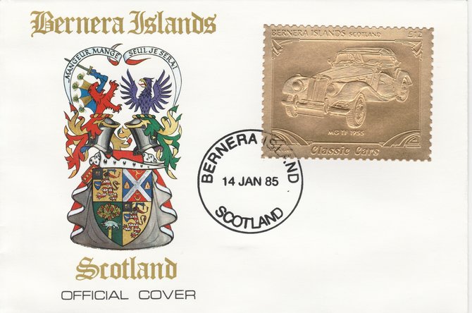 Bernera 1985 Classic Cars - 1955 MG TF 12 value perforated & embossed in 22 carat gold foil on special cover with first day cancel, stamps on , stamps on  stamps on cars, stamps on  stamps on  mg , stamps on  stamps on 