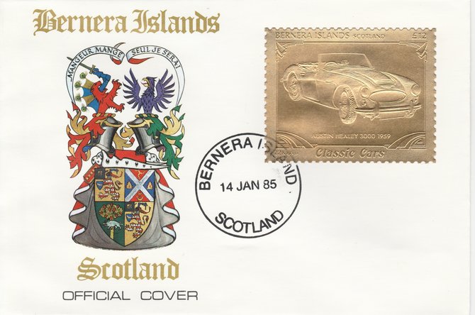 Bernera 1985 Classic Cars - 1959 Austin Healey Â£12 value perforated & embossed in 22 carat gold foil on special cover with first day cancel, stamps on cars    austin healey