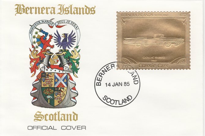 Bernera 1985 Classic Cars - 1960 Cadillac Biarritz 12 value perforated & embossed in 22 carat gold foil on special cover with first day cancel, stamps on , stamps on  stamps on cars    cadillac
