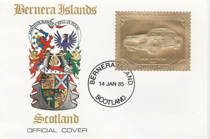 Bernera 1985 Classic Cars - 1961 Aston Martin DB4 £12 value perforated & embossed in 22 carat gold foil on special cover with first day cancel, stamps on cars    aston martin