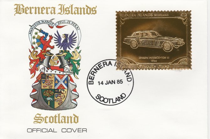Bernera 1985 Classic Cars - 1966 Jensen Interceptor A312 value perforated & embossed in 22 carat gold foil on special cover with first day cancel, stamps on , stamps on  stamps on cars    jensen
