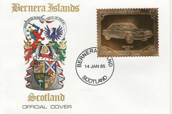 Bernera 1985 Classic Cars - 1967 NSU \A312 value perforated & embossed in 22 carat gold foil on special cover with first day cancel, stamps on cars    nsu