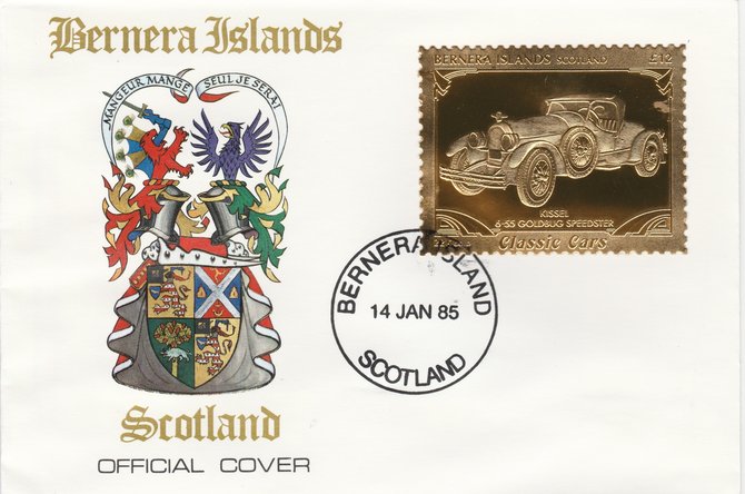 Bernera 1985 Classic Cars - Kissel Goldburg Speedster \A312 value perforated & embossed in 22 carat gold foil on special cover with first day cancel, stamps on cars    kissel
