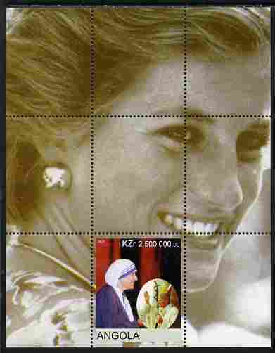 Angola 2000 Mother Teresa perf souvenir sheet with the Pope as inset & Diana in background, unmounted mint. Note this item is privately produced and is offered purely on ..., stamps on personalities, stamps on women, stamps on diana, stamps on royalty, stamps on human rights, stamps on peace, stamps on nobel, stamps on teresa, stamps on pope