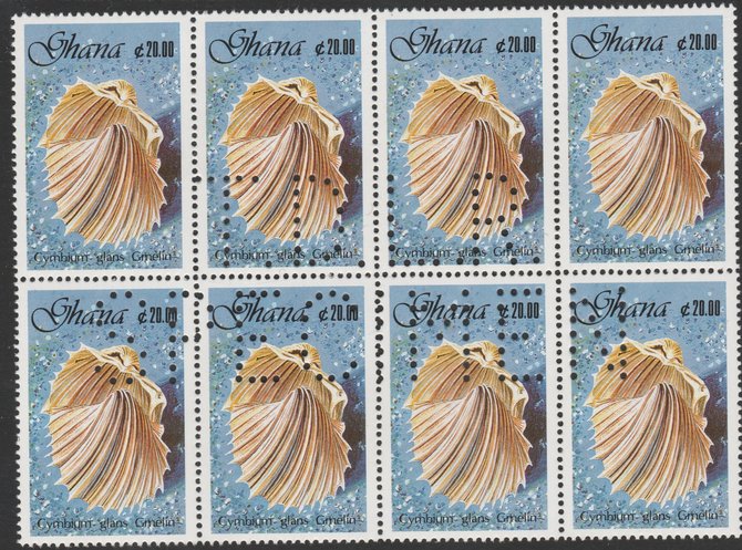 Ghana 1990 Seashells 20c Great Ribbed Cockle, superb block of 8 showing the full perfin 'T.D.L.R. SPECIMEN' (ex De La Rue archive sheet) rare, unusual and unmounted mint as SG 1417, stamps on , stamps on  stamps on shells, stamps on marine life