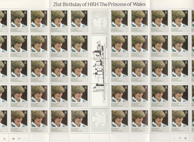 Falkland Islands Dependencies 1982 Princess Di's 21st Birthday 17p perf 13.5 variety complete folded sheet of 50, sympathetically folded between columns 3-4 and 7-8 to preserve the gutter, unmounted mint (SG 109a), stamps on royalty, stamps on diana
