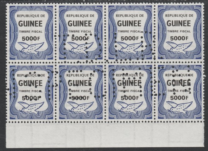 Guinea - Conakry 1987 Dove 5000f Revenue stamp in block of 8 showing complete perfin T.D.L.R. SPECIMEN unmounted mint ex De La Rue archive sheet and rare thus, stamps on birds, stamps on doves, stamps on revenues