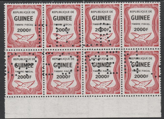 Guinea - Conakry 1987 Dove 2000f Revenue stamp in block of 8 showing complete perfin T.D.L.R. SPECIMEN unmounted mint ex De La Rue archive sheet and rare thus, stamps on birds, stamps on doves, stamps on revenues