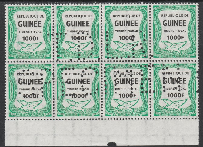 Guinea - Conakry 1987 Dove 1000f Revenue stamp in block of 8 showing complete perfin T.D.L.R. SPECIMEN unmounted mint ex De La Rue archive sheet and rare thus, stamps on birds, stamps on doves, stamps on revenues