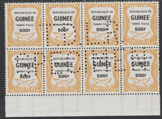 Guinea - Conakry 1987 Dove 500f Revenue stamp in block of 8 showing complete perfin T.D.L.R. SPECIMEN unmounted mint ex De La Rue archive sheet and rare thus, stamps on birds, stamps on doves, stamps on revenues