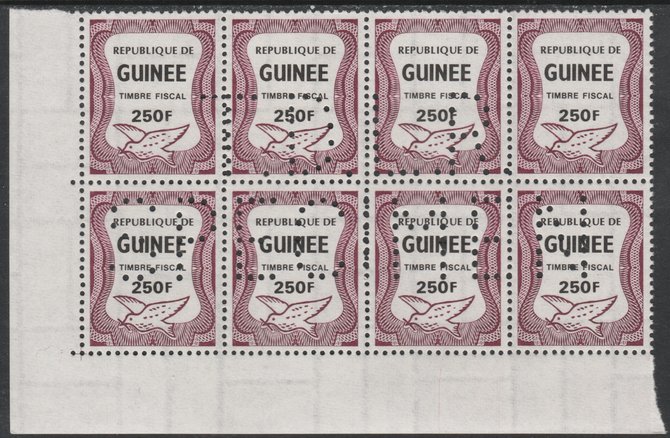 Guinea - Conakry 1987 Dove 250f Revenue stamp in block of 8 showing complete perfin T.D.L.R. SPECIMEN unmounted mint ex De La Rue archive sheet and rare thus, stamps on birds, stamps on doves, stamps on revenues