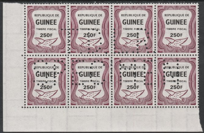 Guinea - Conakry 1987 Dove 250f Revenue stamp in block of 8 showing complete perfin 'T.D.L.R. SPECIMEN' unmounted mint ex De La Rue archive sheet and rare thus, stamps on , stamps on  stamps on birds, stamps on doves, stamps on revenues