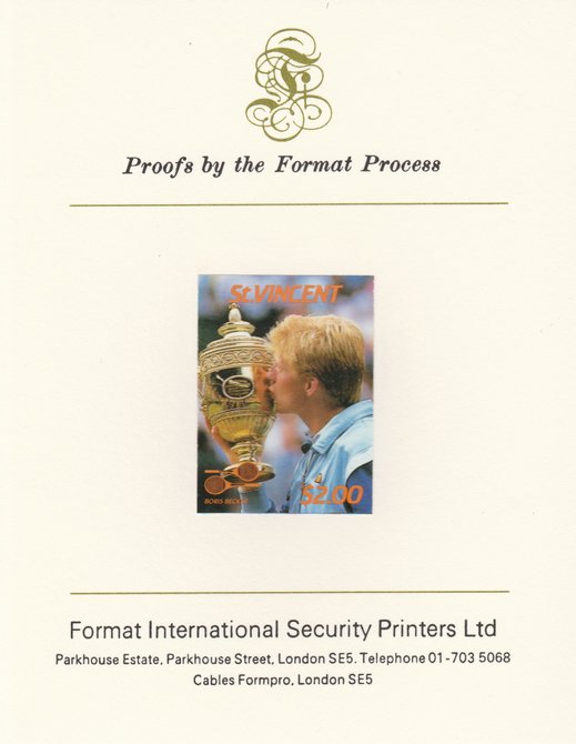 St Vincent 1987 International Tennis Players $2 Boris Becker imperf mounted on Format International Proof Card, as SG 1064, stamps on personalities, stamps on tennis, stamps on sport