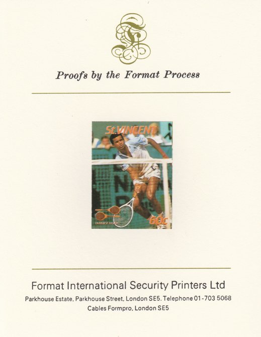 St Vincent 1987 International Tennis Players 60c Yannick Noah imperf mounted on Format International Proof Card, as SG 1058, stamps on , stamps on  stamps on personalities, stamps on  stamps on tennis, stamps on  stamps on sport