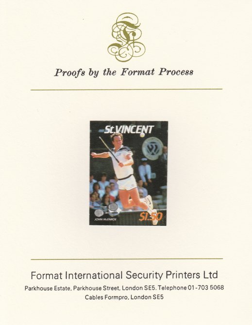 St Vincent 1987 International Tennis Players $1.50 John McEnroe imperf mounted on Format International Proof Card, as SG 1062, stamps on , stamps on  stamps on personalities, stamps on  stamps on tennis, stamps on  stamps on sport