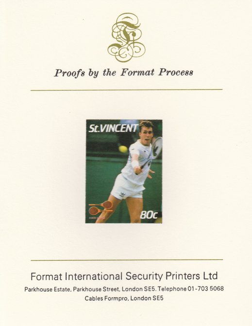 St Vincent 1987 International Tennis Players 80c Ivan Lendl imperf mounted on Format International Proof Card, as SG 1059, stamps on , stamps on  stamps on personalities, stamps on  stamps on tennis, stamps on  stamps on sport