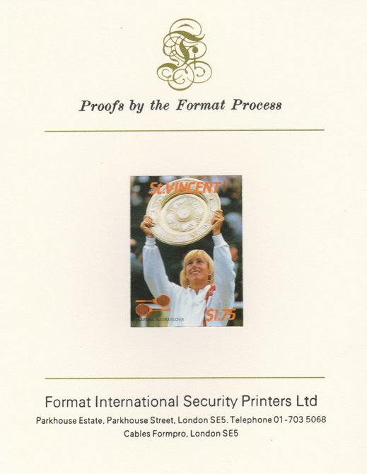 St Vincent 1987 International Tennis Players $1.75 Martina Navratilova imperf mounted on Format International Proof Card, as SG 1063, stamps on personalities, stamps on tennis, stamps on sport