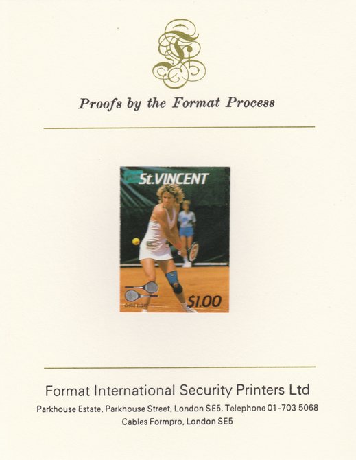 St Vincent 1987 International Tennis Players $1 Chris Evert imperf mounted on Format International Proof Card, as SG 1060, stamps on , stamps on  stamps on personalities, stamps on  stamps on tennis, stamps on  stamps on sport