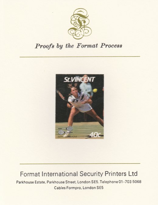 St Vincent 1987 International Tennis Players 40c Hanna Mandikova imperf mounted on Format International Proof Card, as SG 1057