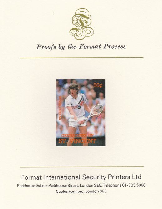 St Vincent - Grenadines 1988 International Tennis Players 50c Kevin Curran imperf mounted on Format International Proof Card, as SG 583, stamps on personalities, stamps on tennis, stamps on sport