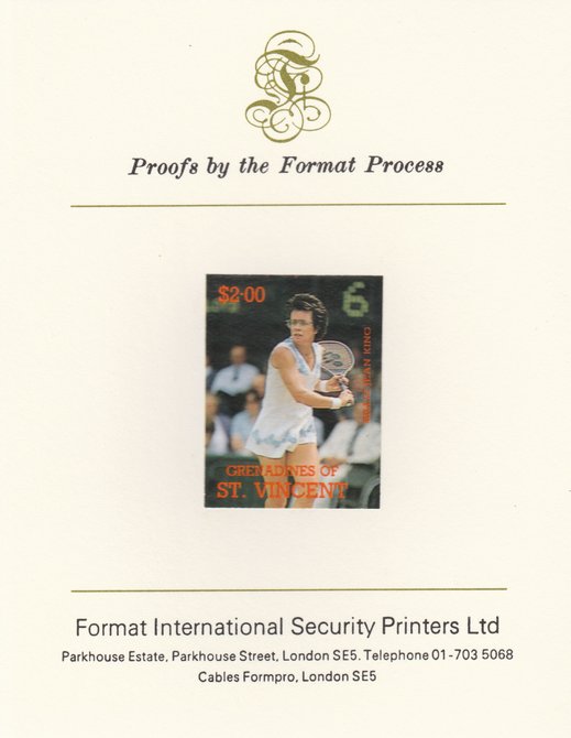 St Vincent - Grenadines 1988 International Tennis Players $2 Billie Jean King imperf mounted on Format International Proof Card, as SG 587, stamps on , stamps on  stamps on personalities, stamps on  stamps on tennis, stamps on  stamps on sport