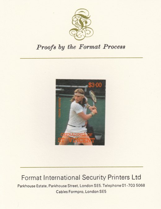 St Vincent - Grenadines 1988 International Tennis Players $3 Bjorn Borg imperf mounted on Format International Proof Card, as SG 588, stamps on , stamps on  stamps on personalities, stamps on  stamps on tennis, stamps on  stamps on sport