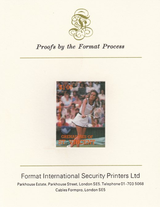 St Vincent - Grenadines 1988 International Tennis Players $1 Evonne Cawley imperf mounted on Format International Proof Card, as SG 585