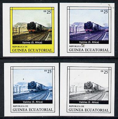 Equatorial Guinea 1977 Locomotives EK25 (S African Vailima) set of 4 imperf progressive proofs on ungummed paper comprising 1, 2, 3 and all 4 colours (as Mi 1149) , stamps on railways